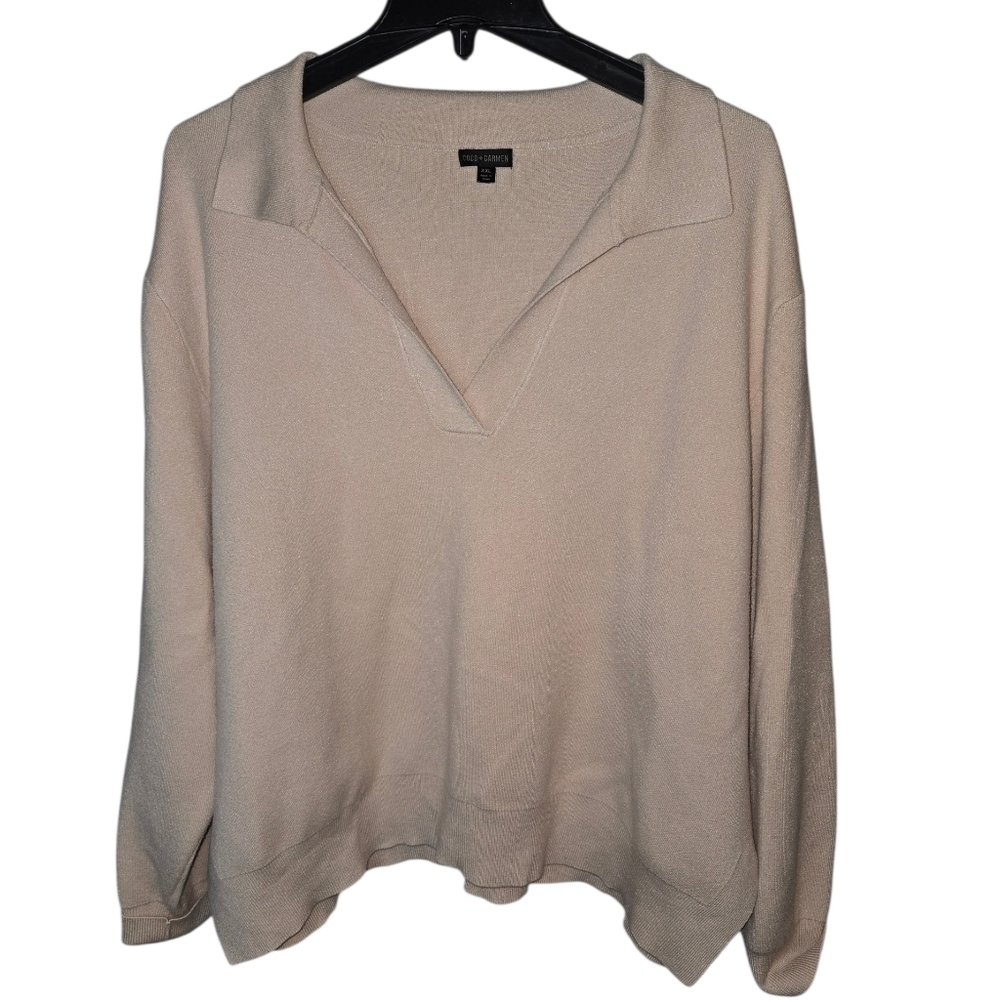 Coco & Carmen Soft Collared V-Neck Sweater, Cozy‎ Long Sleeve, XXL